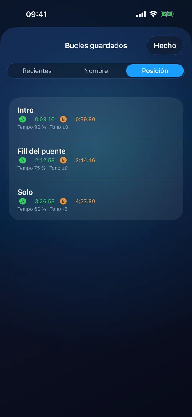 Bucles guardados: Intro, Fill del puente y Solo, cada uno con su A, su B, su tempo y su tono