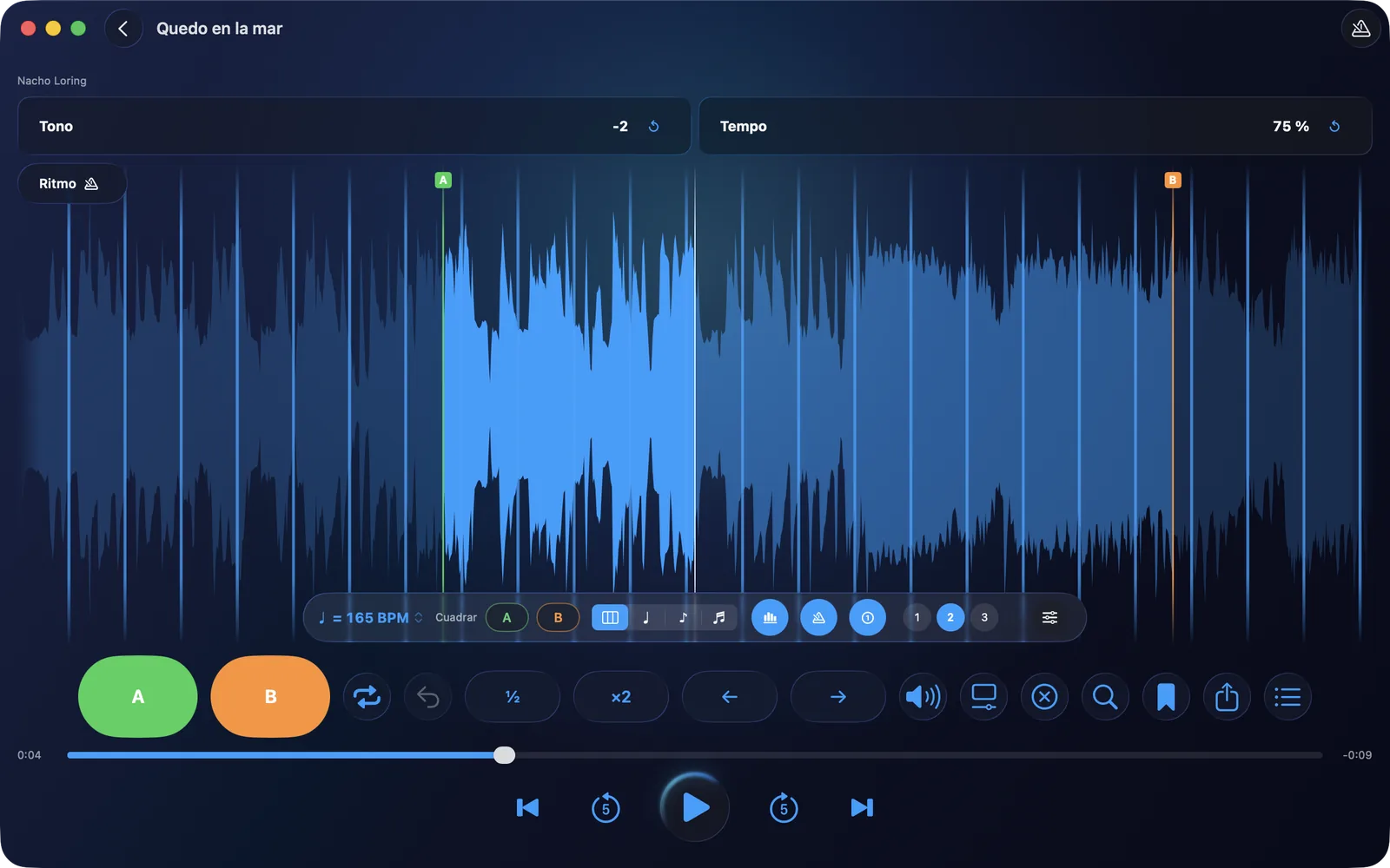 RitLoop en el Mac con «Quedo en la mar»: la onda con la rejilla, A y B marcados, a 165 BPM, el tono a −2 y el tempo al 75 %