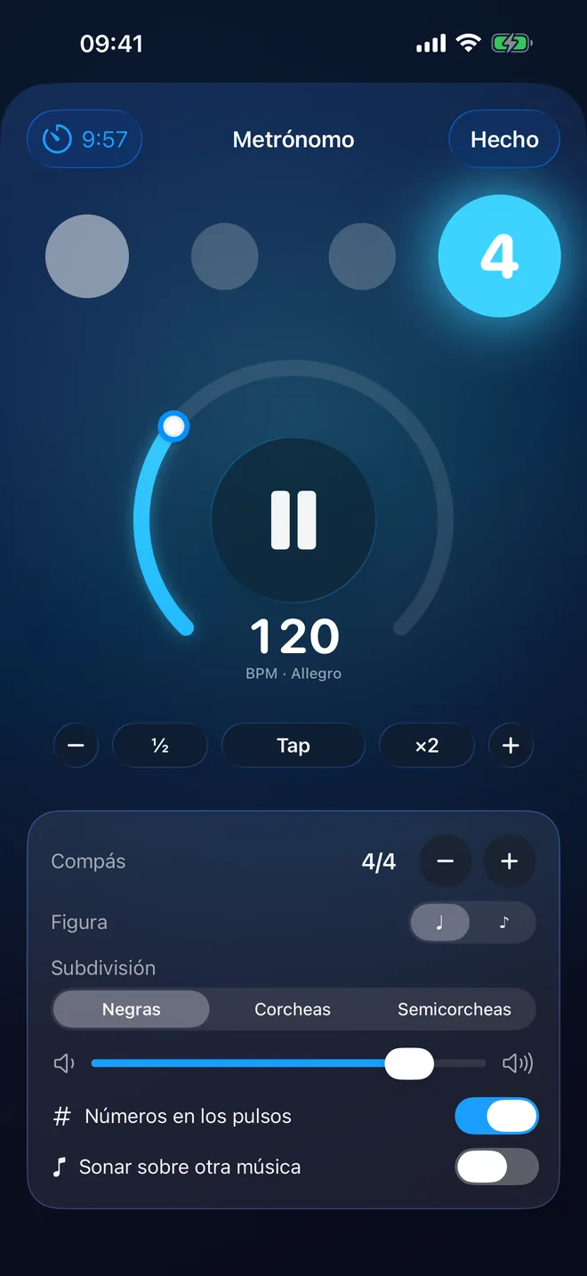 El metrónomo de RitLoop sonando a 120 BPM, en el pulso 4, con el temporizador de práctica en 9:57
