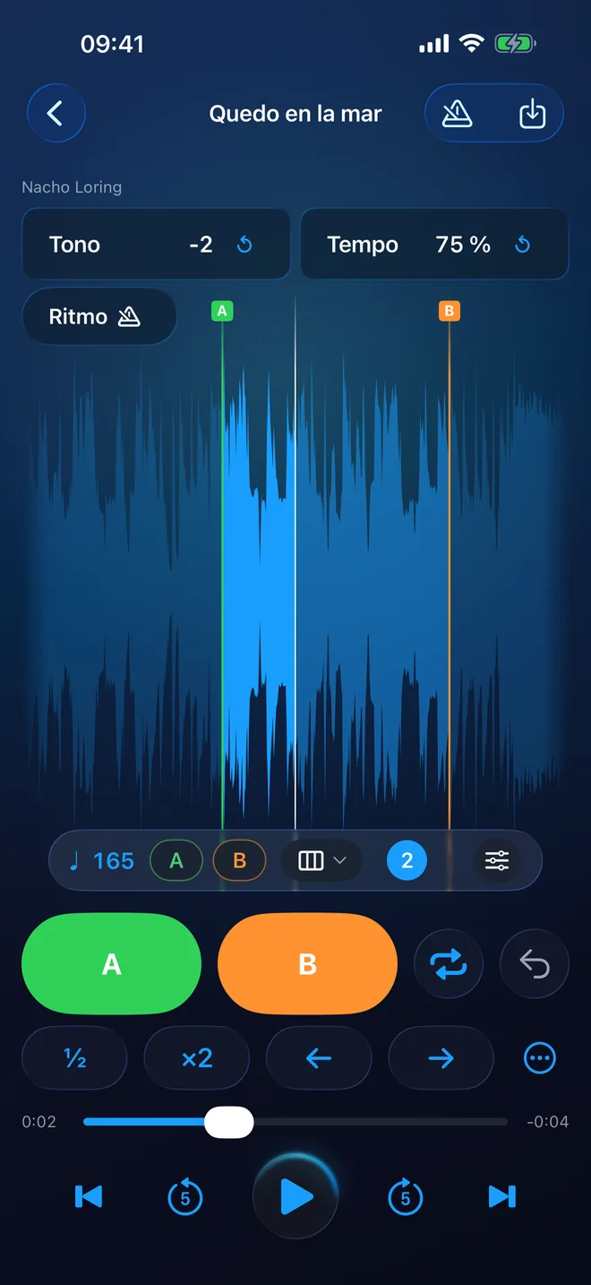 El reproductor de RitLoop con «Quedo en la mar»: la onda con A y B marcados, a 165 BPM, el tono a −2 y el tempo al 75 %